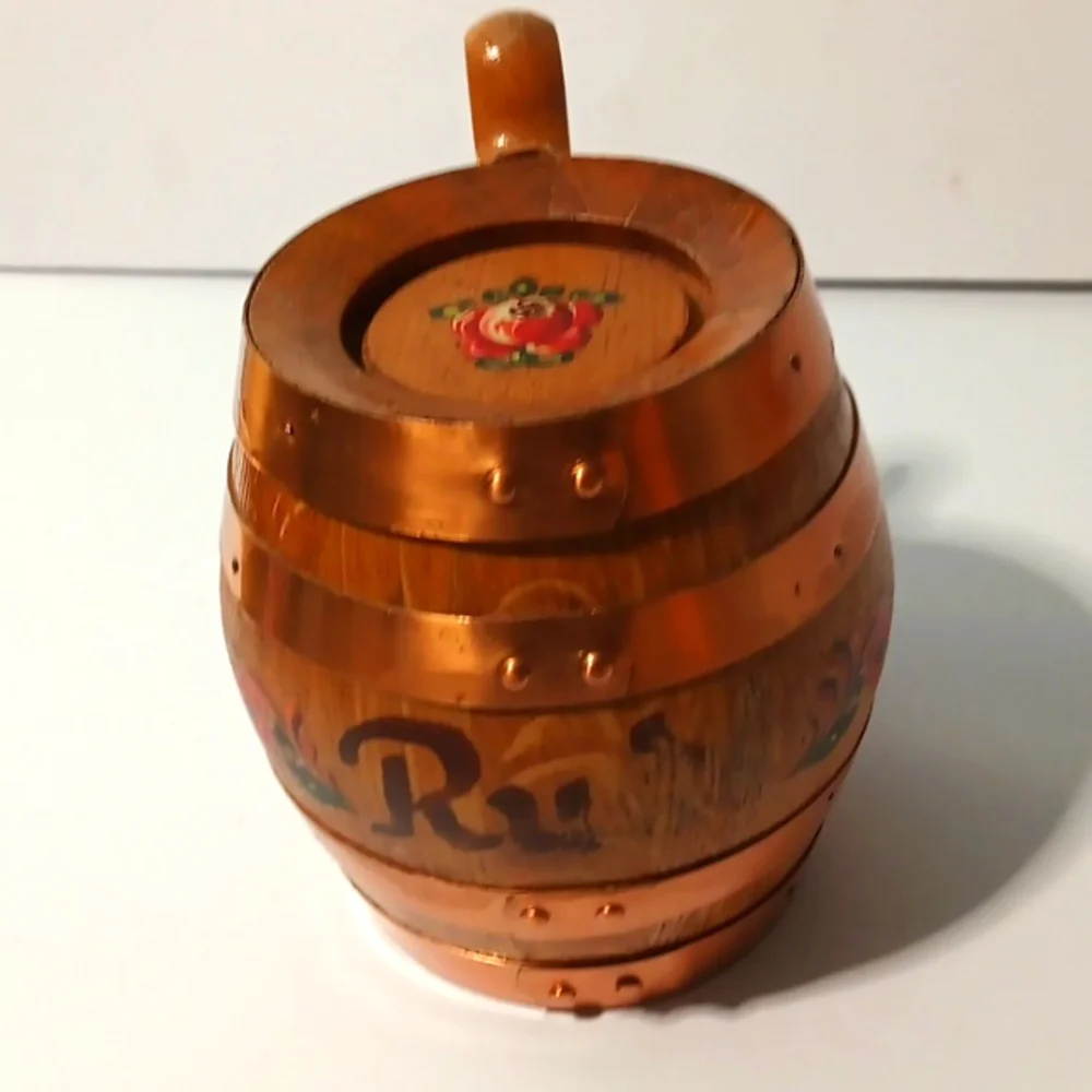 Handmade Vintage MCM Wooden Barrel Mug with Floral Design And Copper Trim